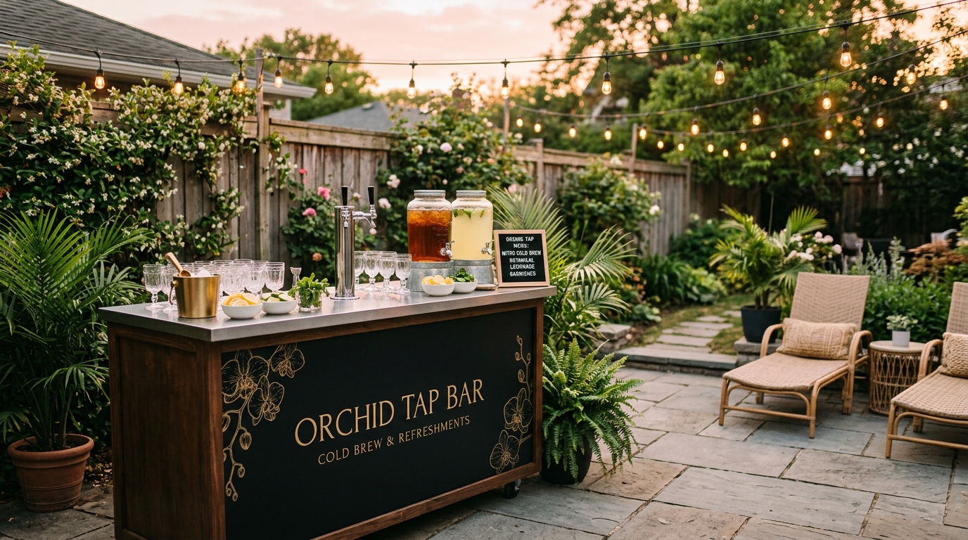 The Orchid Tap Bar stocked and ready in a string-lit backyard patio at golden hour, before the party begins